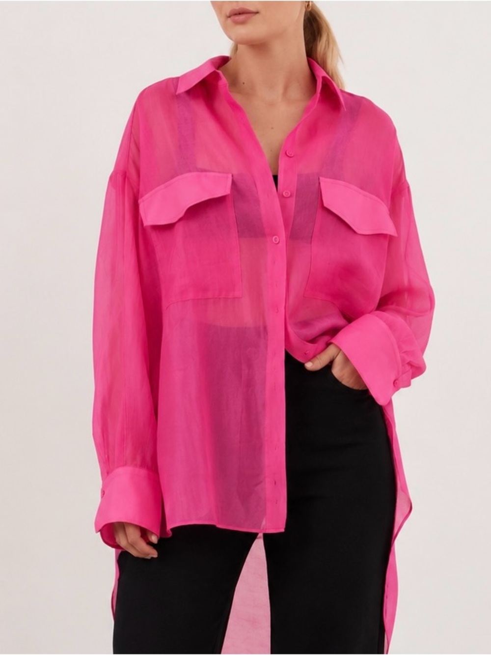 Sheer Hot Pink Button-Down Shirt with Chest Pockets